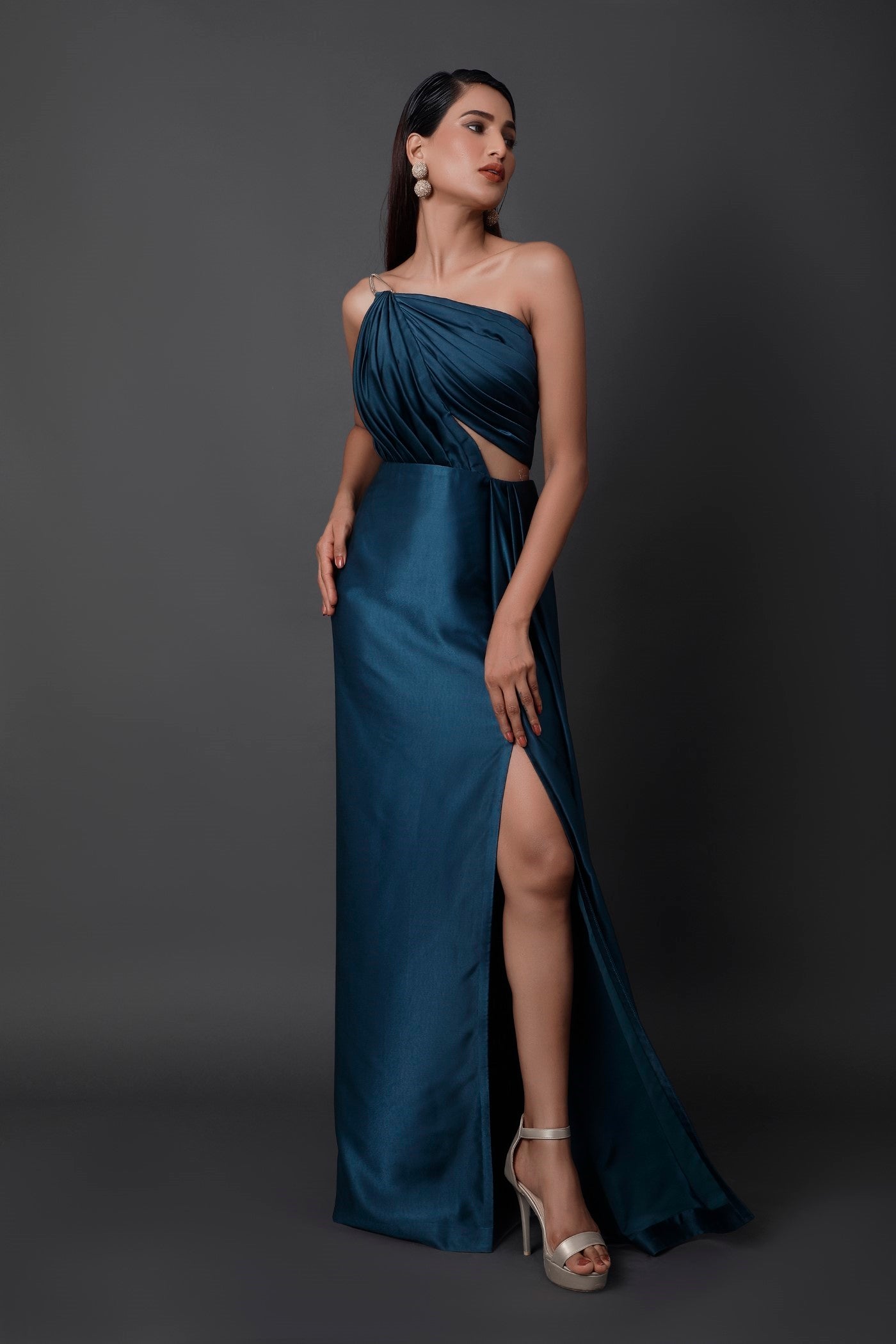 Teal Blue Satin Draped Gown S Teal Blue Satin Draped Gown S