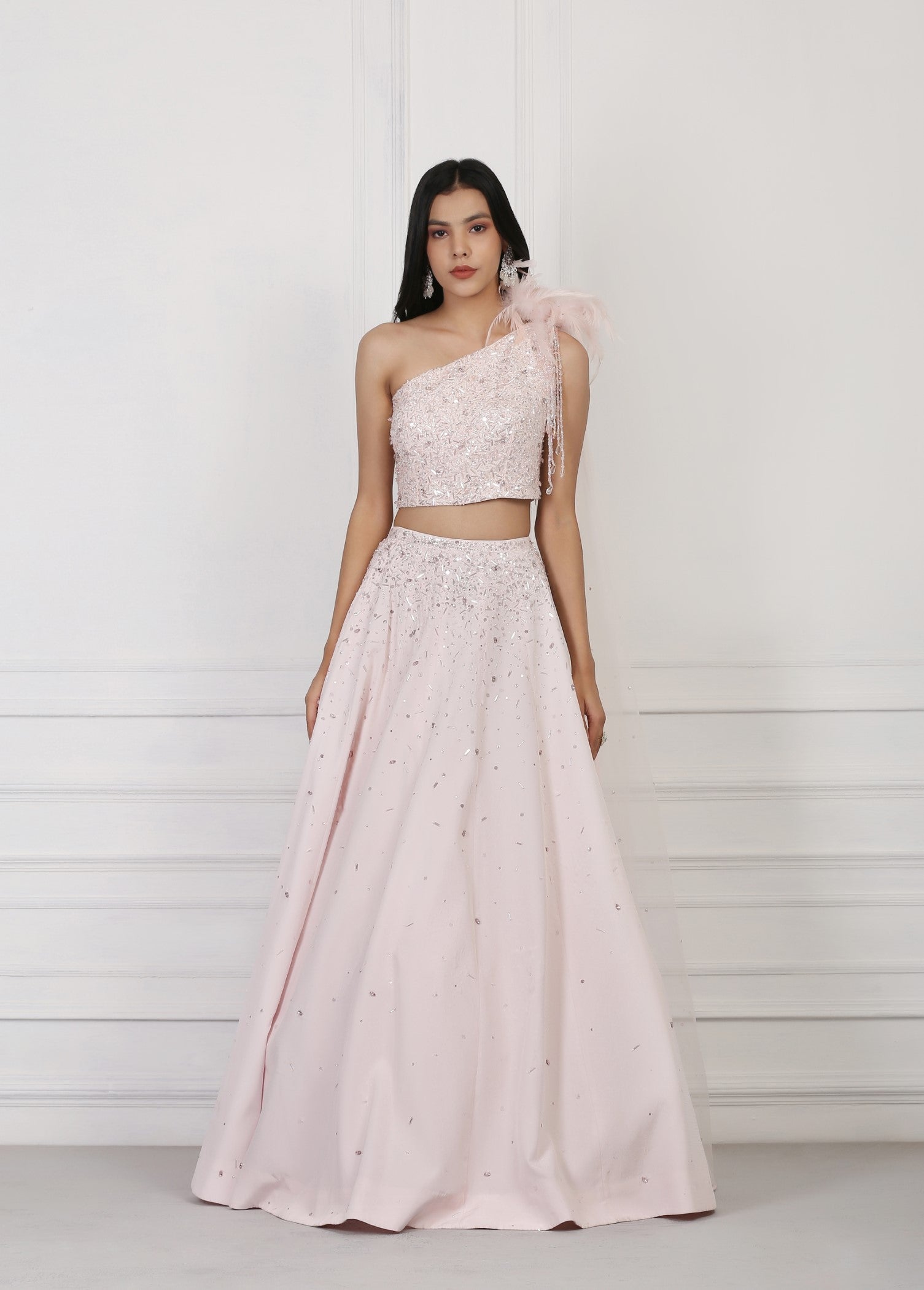 Light Pink Sequin And Crystal Embellished Crop Top And Skirt Set
