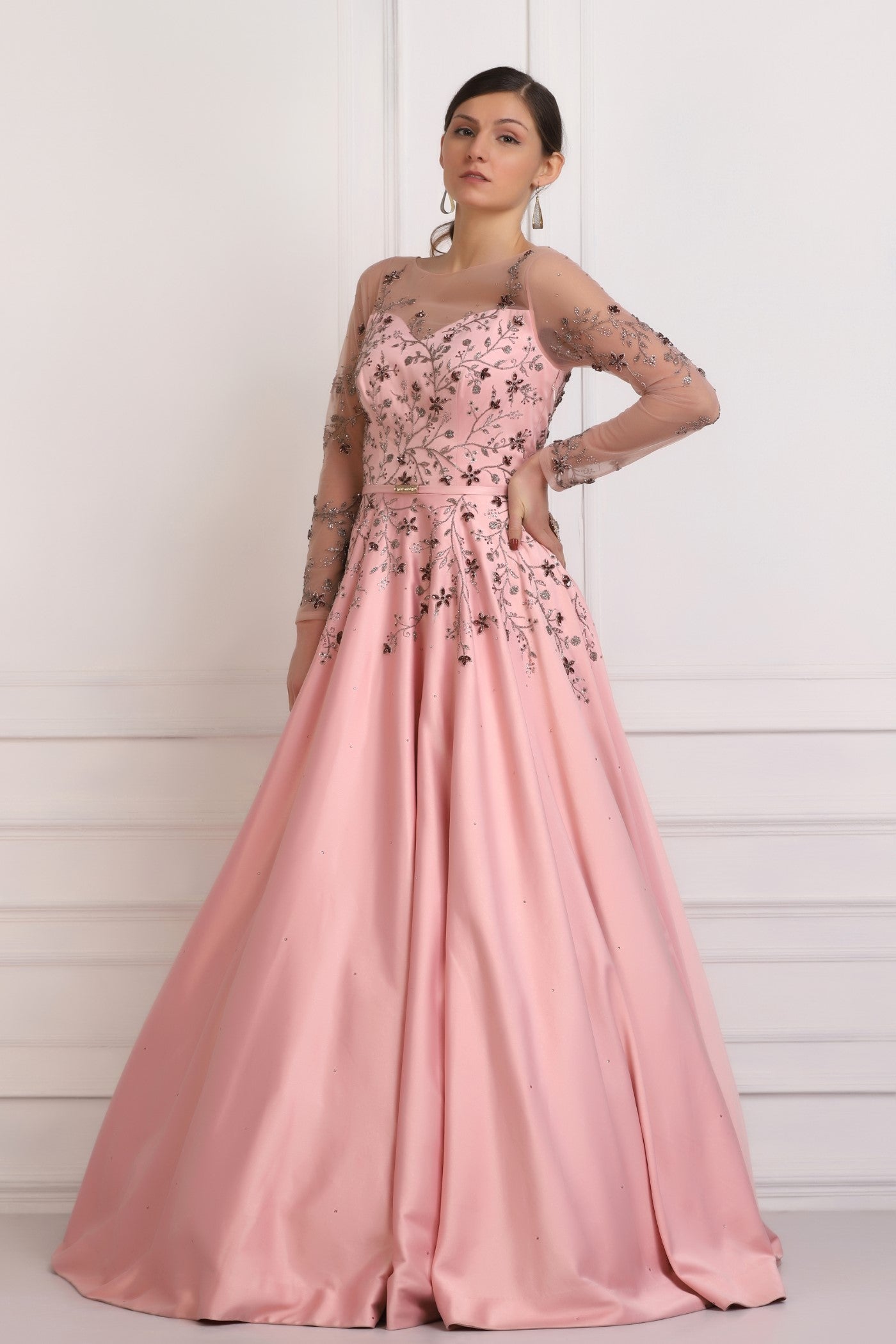 Old Rose Crystal And Bead Embellished Gown – Pooja Peshoria