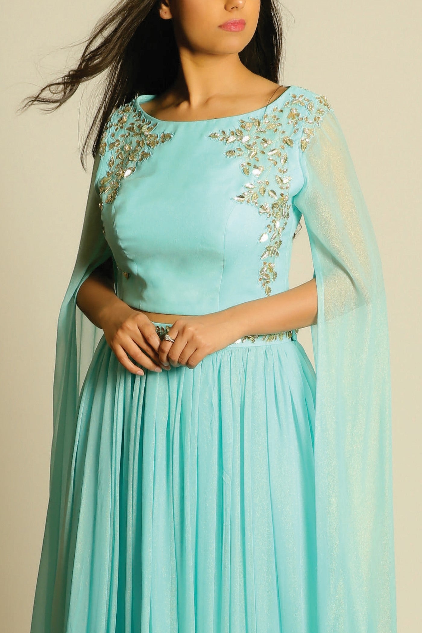 Aqua Blue Sequin And Mukaish Embellished Cape Sleeve Crop Top And Skirt Set Aqua Blue Sequin And Mukaish Embellished Cape Sleeve Crop Top And Skirt Set