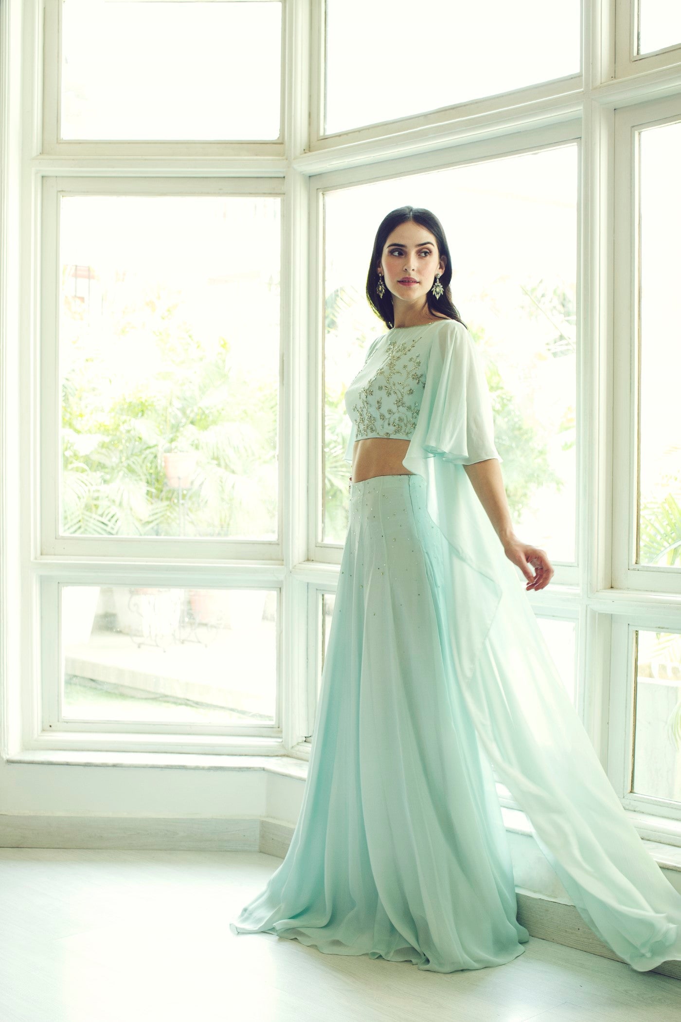 Mint Green Asymmetrical Sleeves Crop Top And Skirt Set Mint Green Asymmetrical Sleeves Crop Top And Skirt Set
