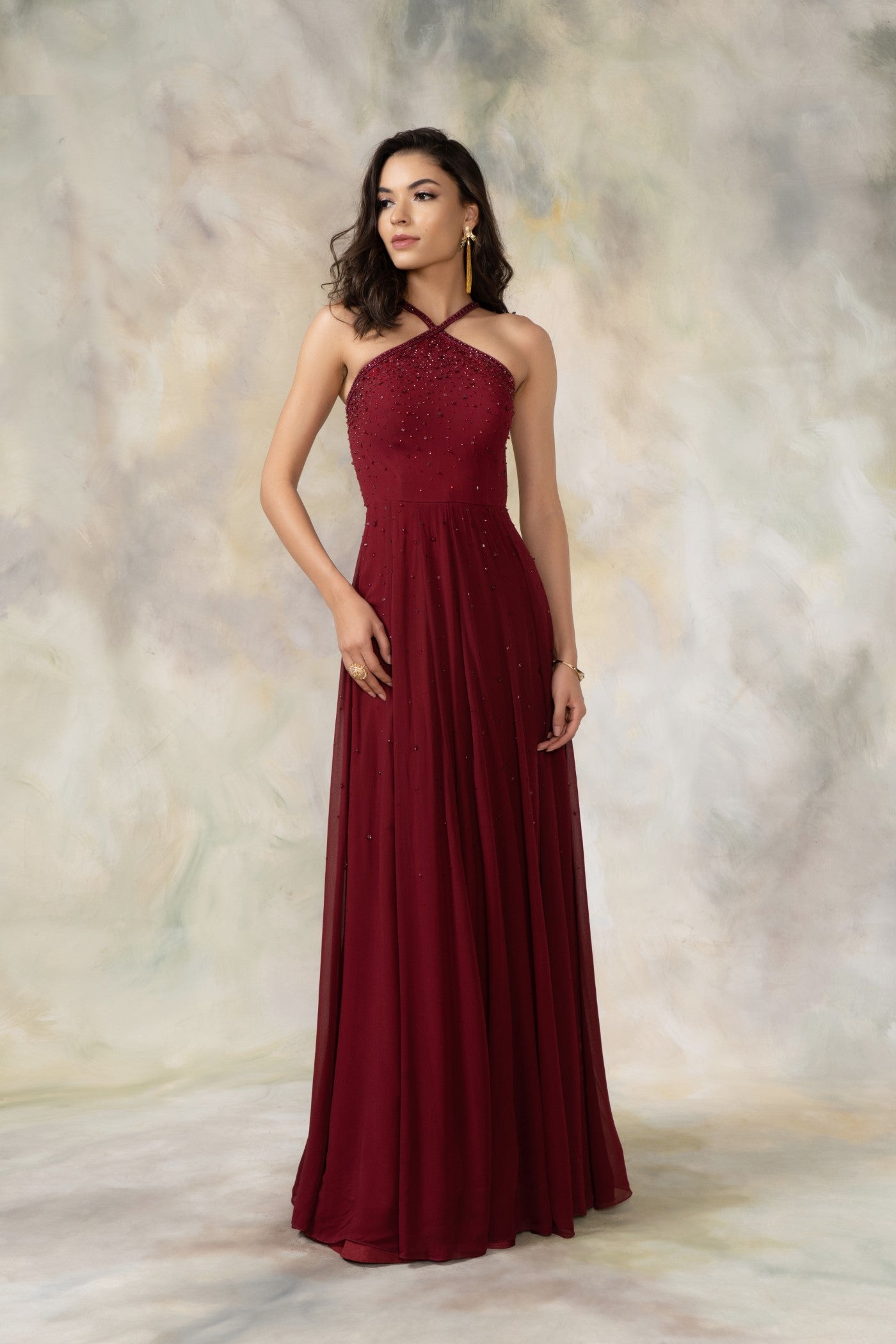 Maroon Embellished Halter Neck Floor Length Gown Maroon Embellished Halter Neck Floor Length Gown