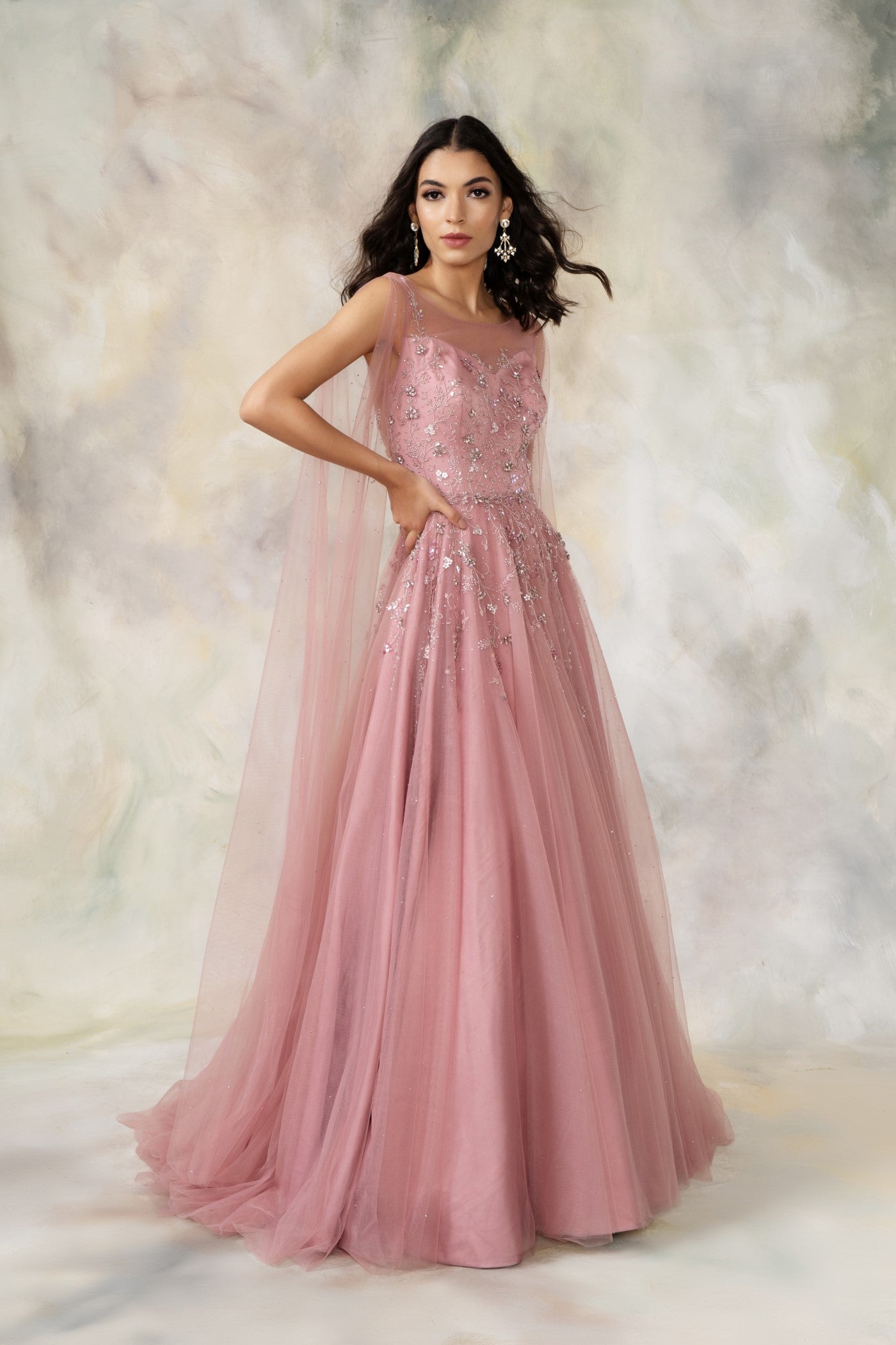 Rose Pink Embellished Net Gown - Main Image