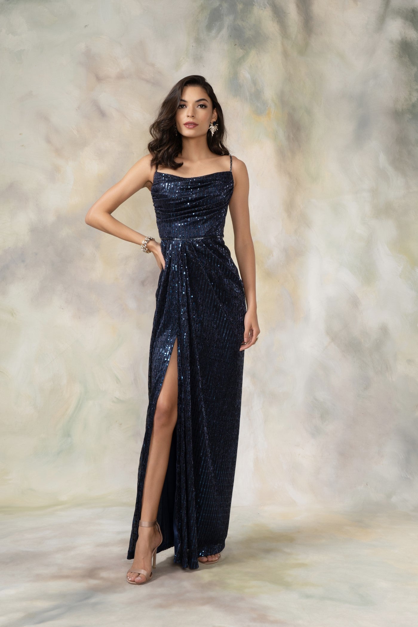 Navy Blue Shimmer Gown With Slit Navy Blue Shimmer Gown With Slit