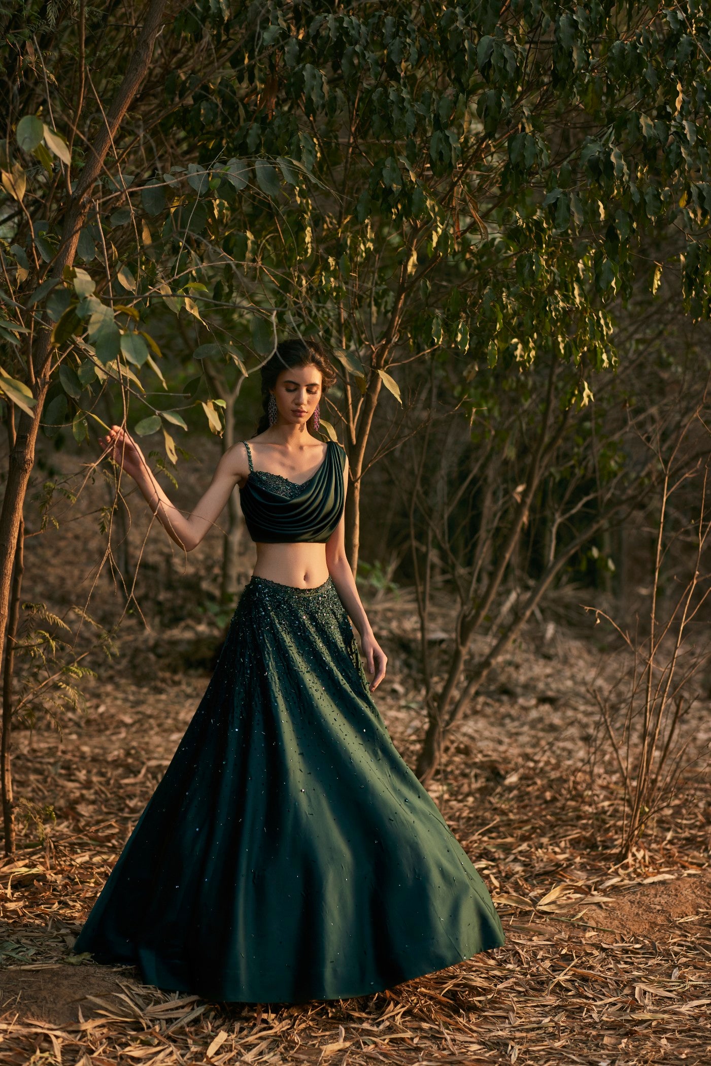 Emerald Green Satin Draped Blouse And Skirt Set Emerald Green Satin Draped Blouse And Skirt Set