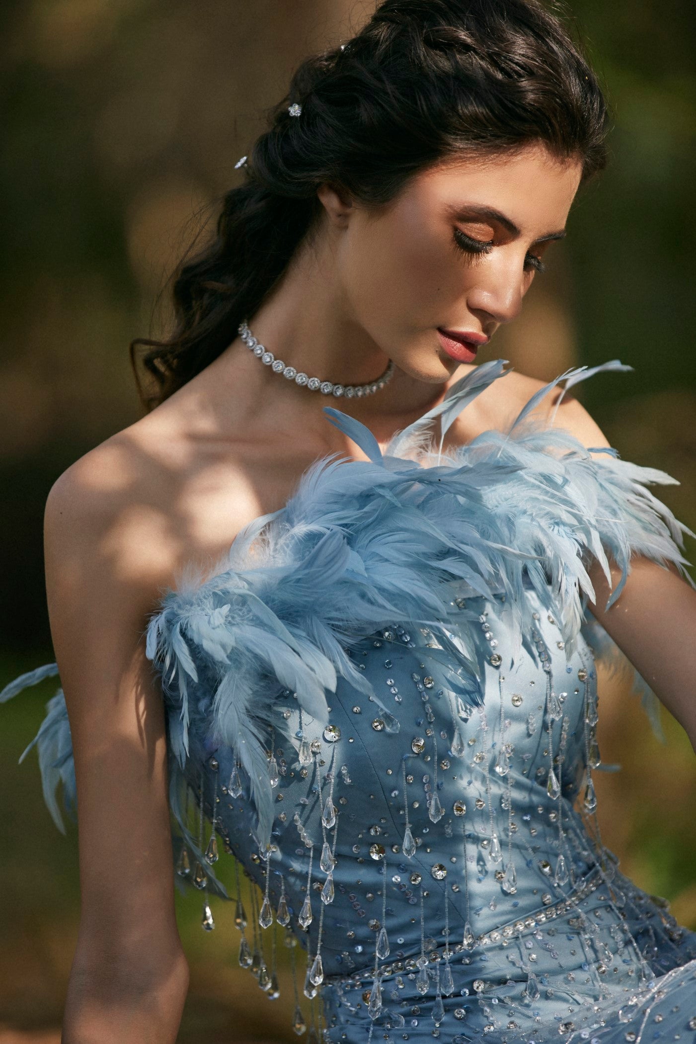Light Blue Dangling Crystal Gown With Feathers Pooja Peshoria Light Blue Dangling Crystal Gown With Feathers Pooja Peshoria