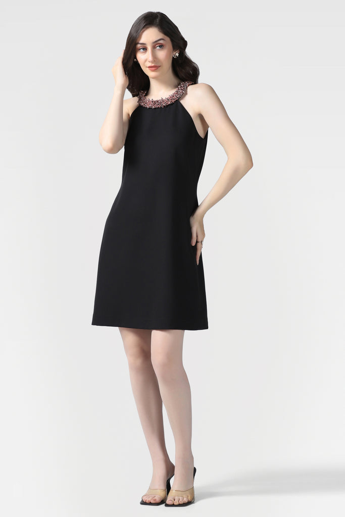 Black Pearl Embellished Halter Dress - Pooja Peshoria