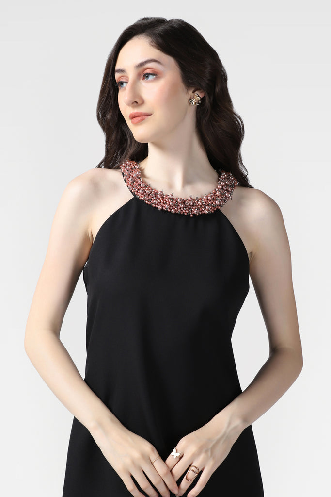 Black Pearl Embellished Halter Dress - Pooja Peshoria