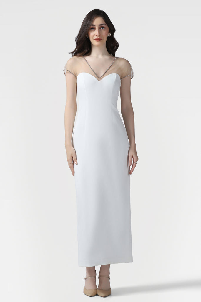 White Illusion Neckline Dress Embellished With Crystals - Pooja Peshoria