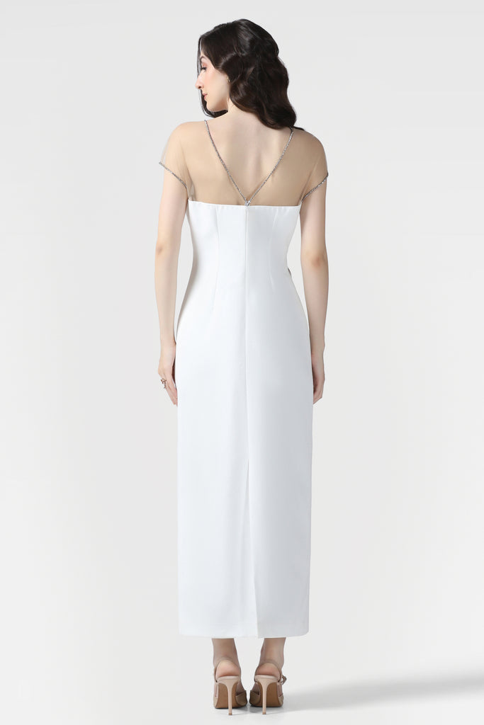 White Illusion Neckline Dress Embellished With Crystals - Pooja Peshoria