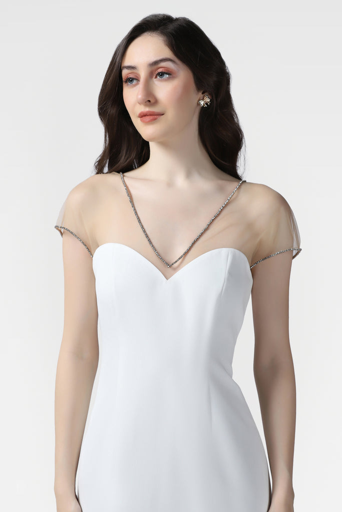 White Illusion Neckline Dress Embellished With Crystals - Pooja Peshoria