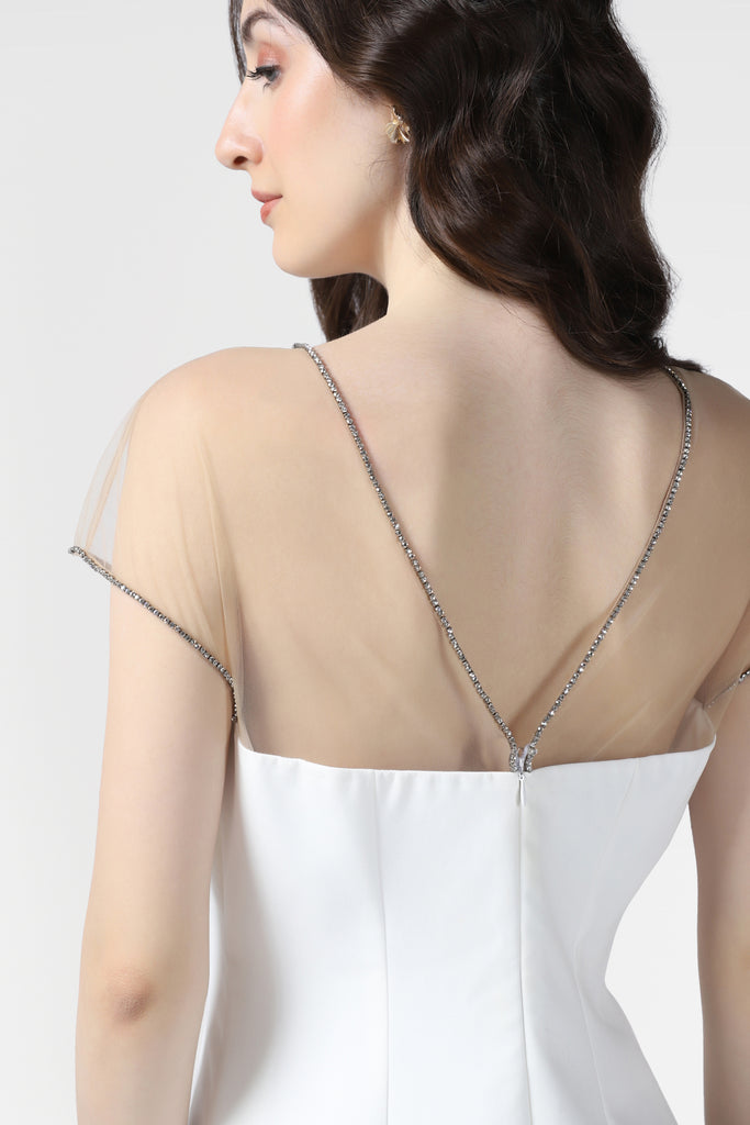 White Illusion Neckline Dress Embellished With Crystals - Pooja Peshoria