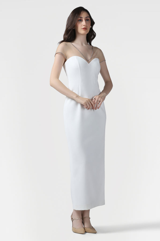 White Illusion Neckline Dress Embellished With Crystals - Pooja Peshoria
