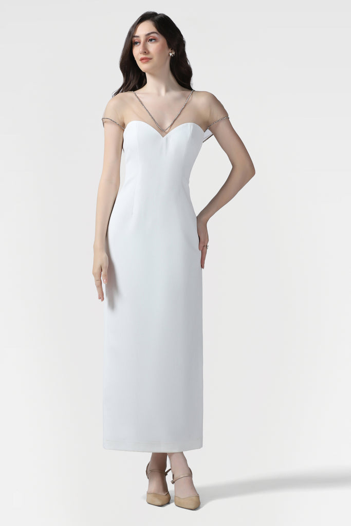 White Illusion Neckline Dress Embellished With Crystals - Pooja Peshoria