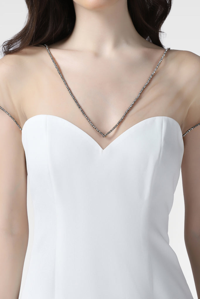White Illusion Neckline Dress Embellished With Crystals - Pooja Peshoria