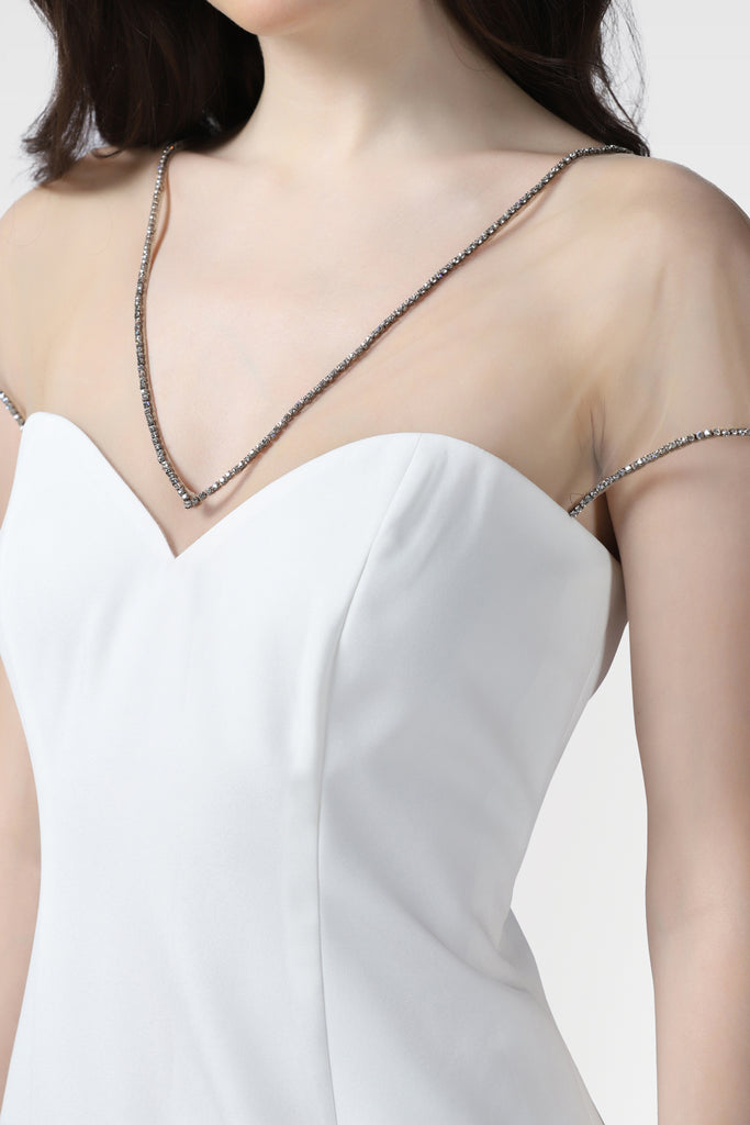 White Illusion Neckline Dress Embellished With Crystals - Pooja Peshoria
