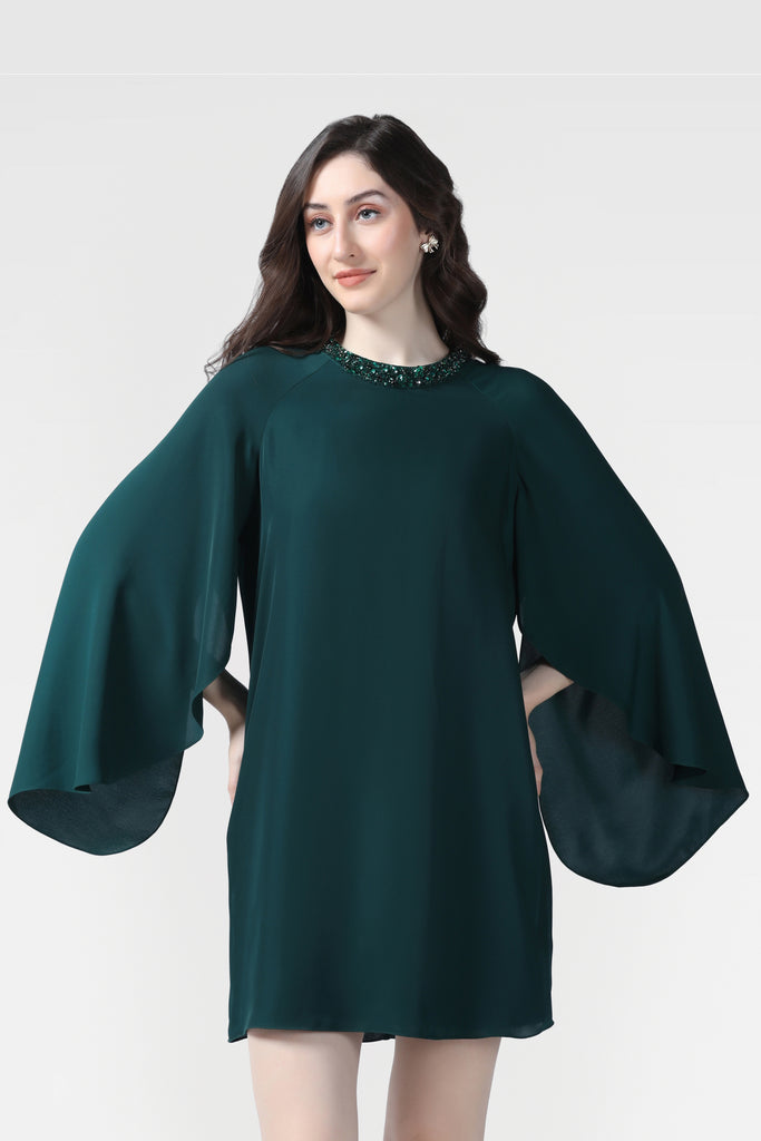 Emerald Green Sequin Embellished Cape Dress - Pooja Peshoria
