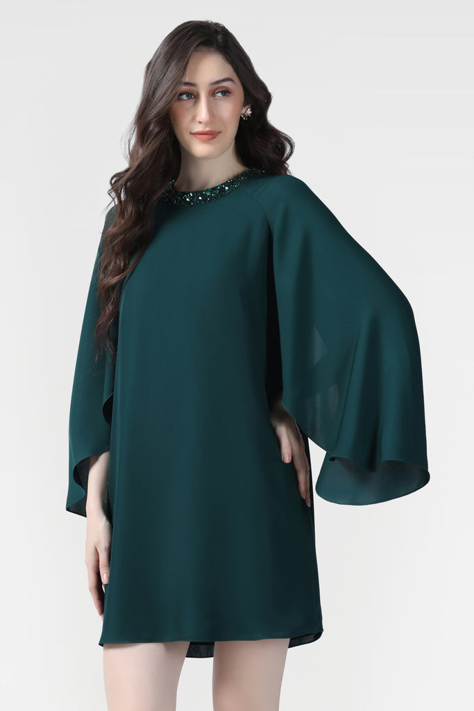 Emerald Green Sequin Embellished Cape Dress - Pooja Peshoria