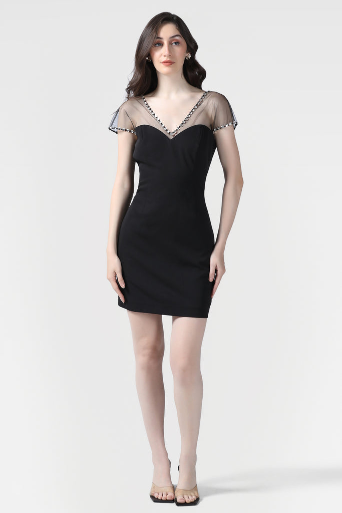 Black Crystal Embellished Short Dress - Pooja Peshoria