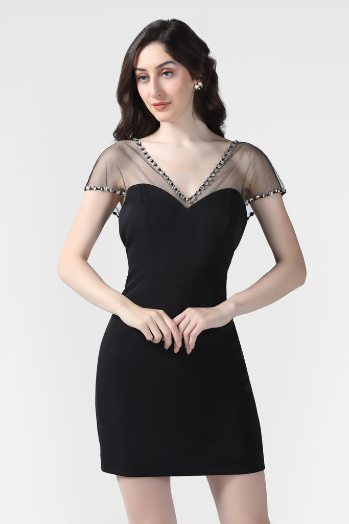 Black Crystal Embellished Short Dress - Pooja Peshoria