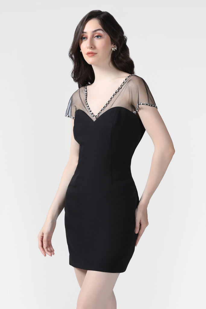 Black Crystal Embellished Short Dress - Pooja Peshoria