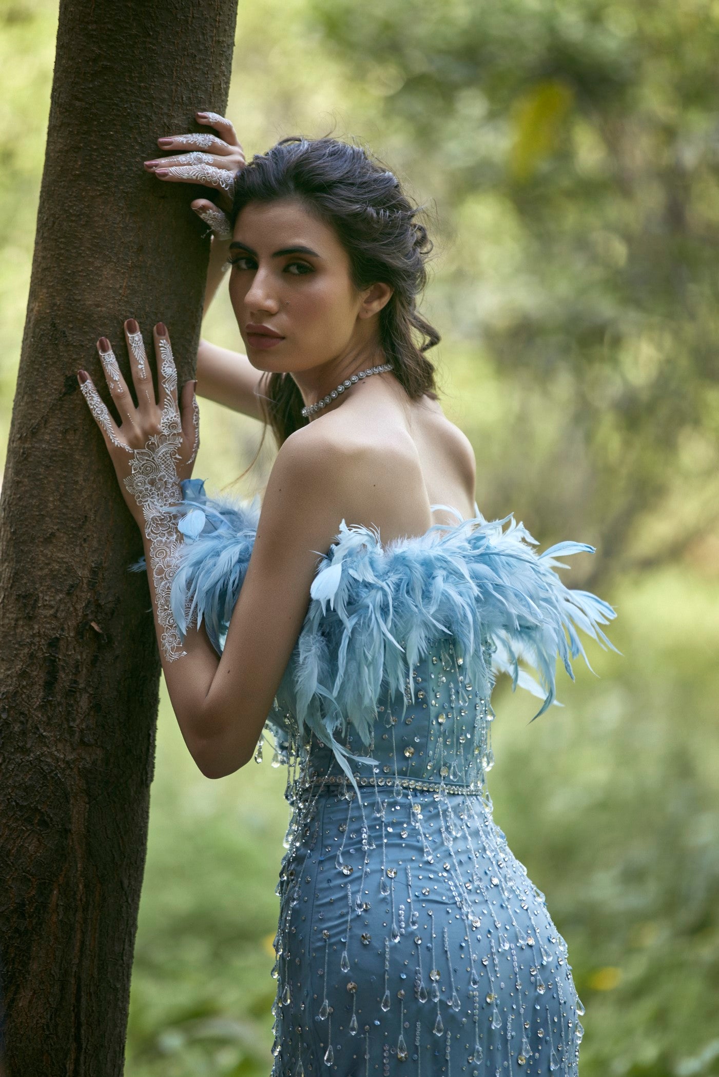 Light Blue Dangling Crystal Gown With Feathers XL