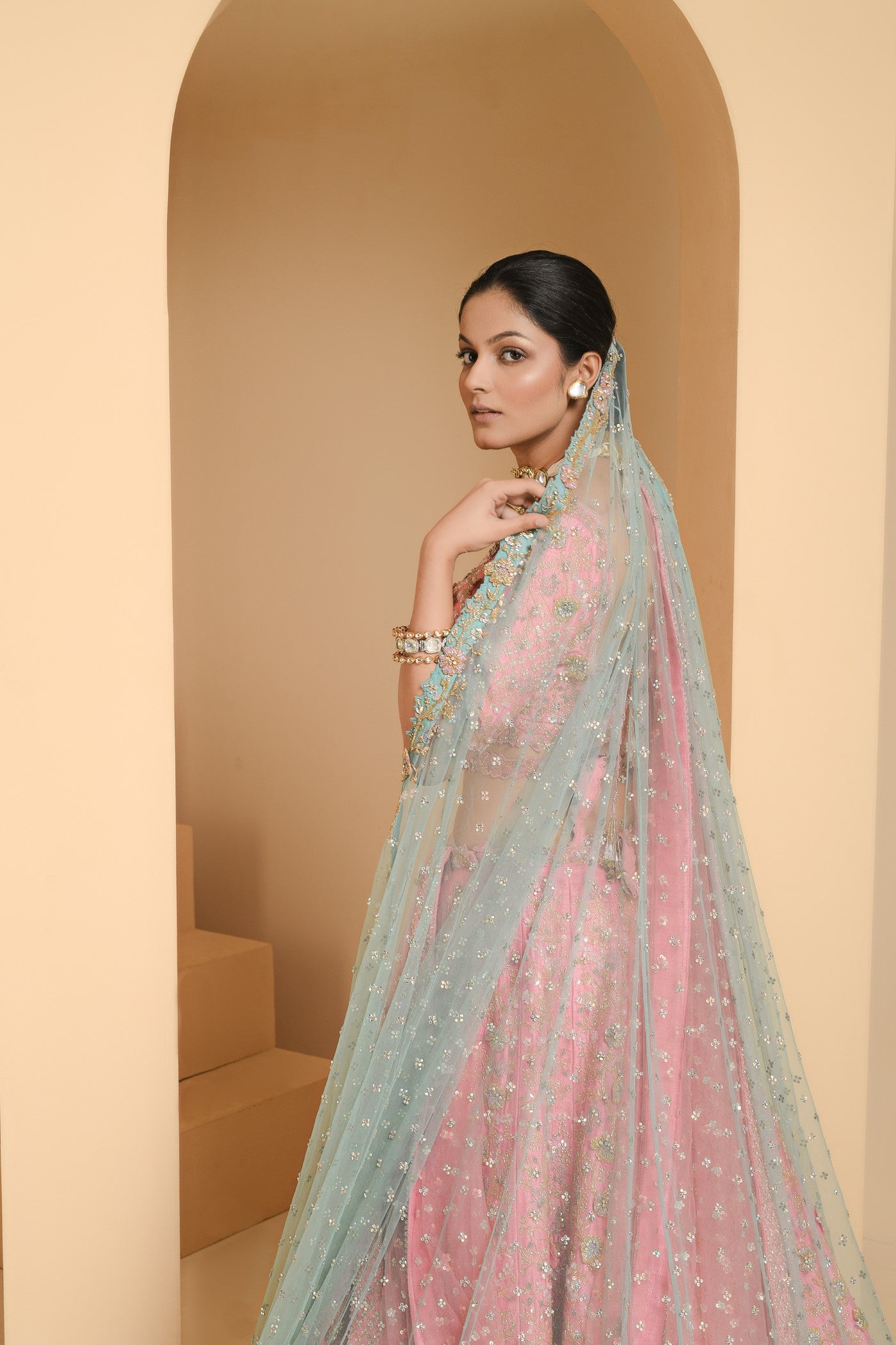 Pink Bridal Lehenga Set With Veil And Dupatta